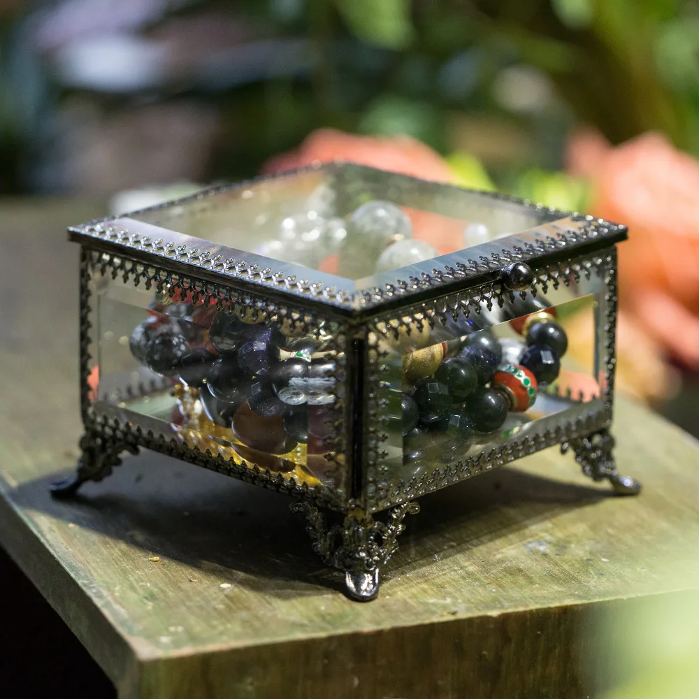 Ncyp Винтаж Грановитая Квадратные Зеркальные латунь Стекло Box ювелирные изделия