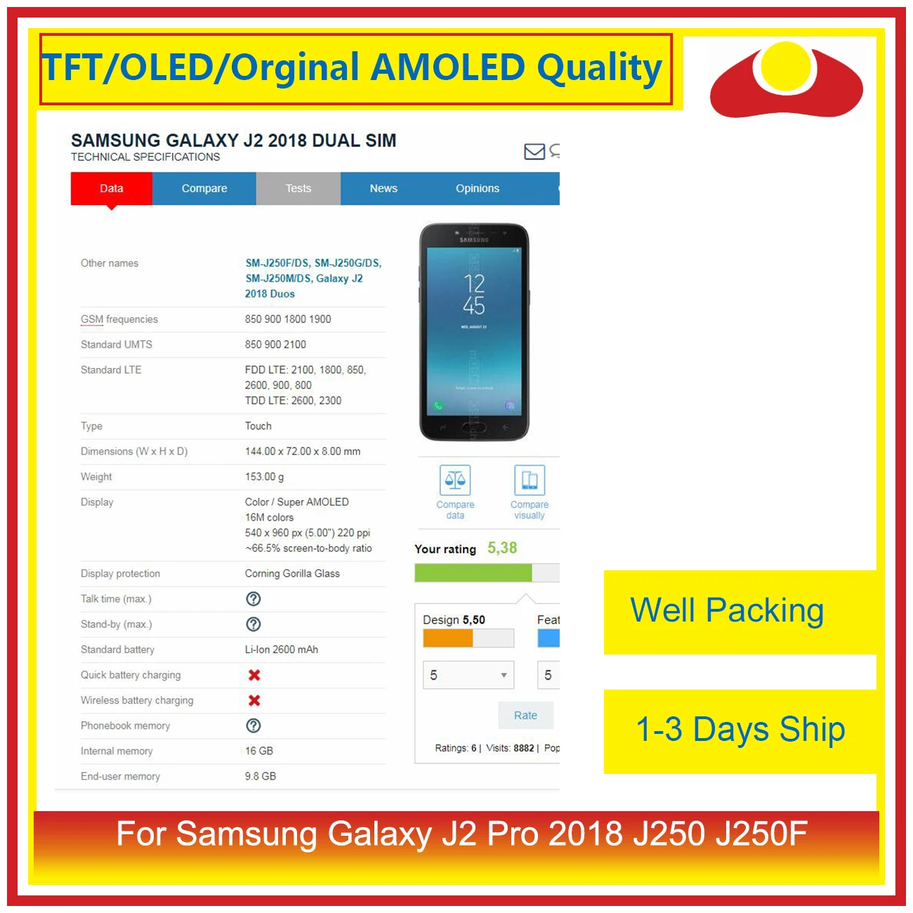 

ORIGINAL 5.0" For Samsung Galaxy J2 Pro 2018 J250 J250F LCD Display With Touch Screen Digitizer Panel Pantalla Complete J250