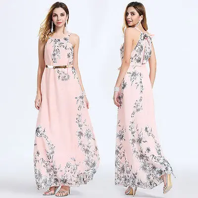 Женское длинное платье с принтом розовое макси в стиле бохо новинка 2017|summer chiffon