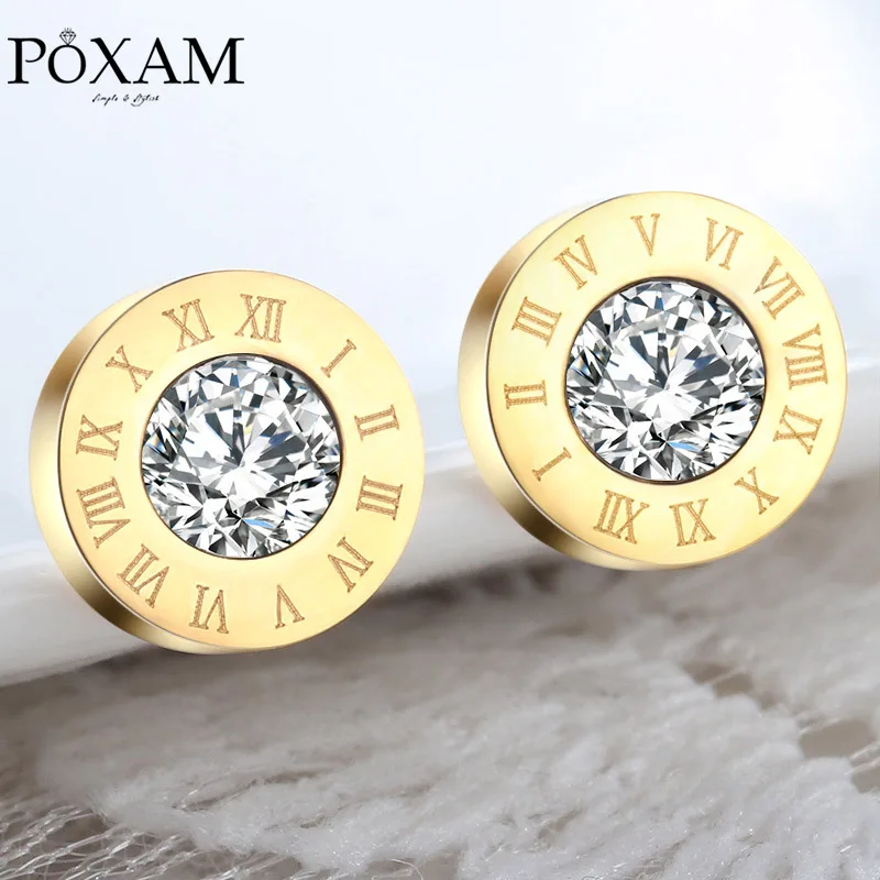 POXAM, модные, новые, римские цифры, Круглые, Кристальные, маленькие серьги-гвоздики для женщин и мужчин, индивидуальные, массивные, кубический цирконий, ювелирные изделия для ушей - Окраска металла: Gold
