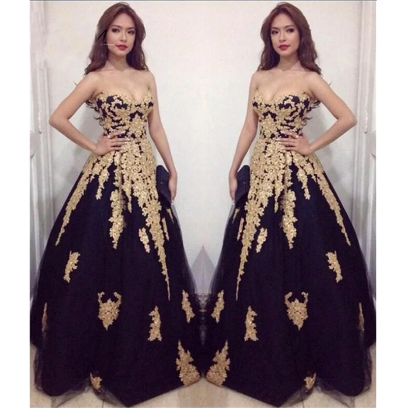 Новое золото аппликация черный тюль пром dress sexy роскошный стиль vestido де феста