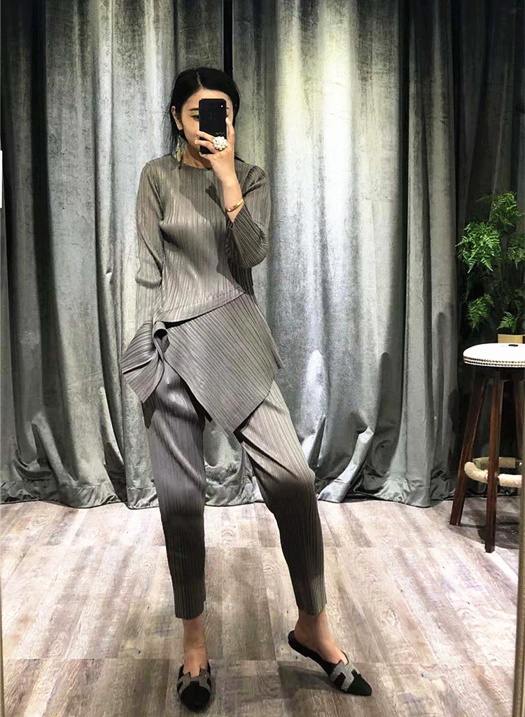 Khaki Changpleat Весенние новые женские комплекты Miyak плиссированные Модные Дизайнерские однотонные тонкие эластичные футболки и штаны костюмы из двух частей S9 - Цвет: Khaki
