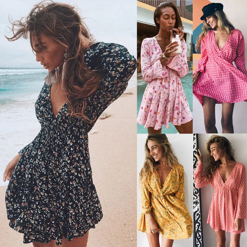 Women Summer Floral Long Sleeve Dress Party Clubwear Beach Holiday Sundress 6 Style Clothes Casual Pleated Print Dresses | Женская