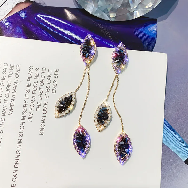 

FYUAN Long Tassel Leaf Drop Earrings for Women Bijoux Purple Crystal Dangle Earring Party Fashion Jewelry Gifts