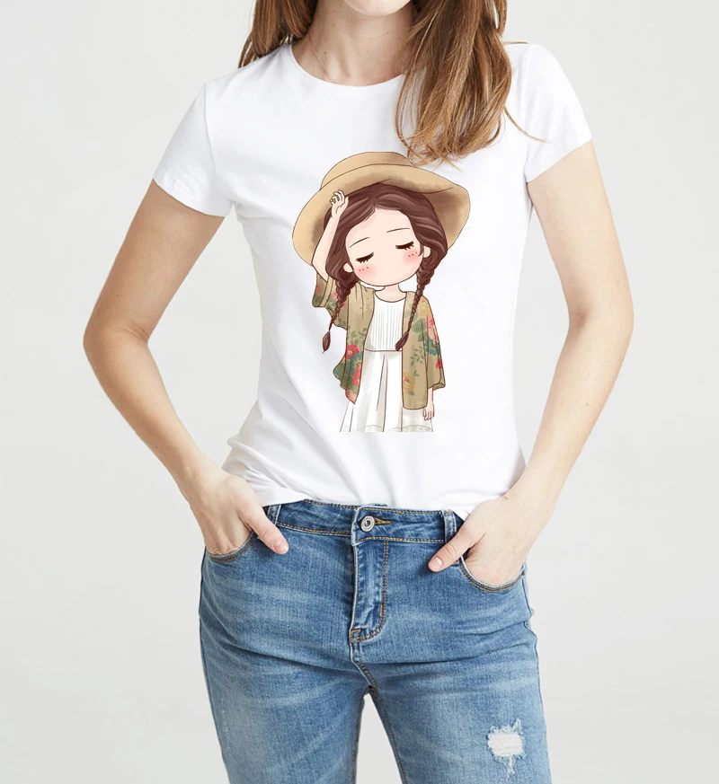 Женский Уличная Топы Тройник 2017 Kawaii Hipster Девушка красивая печать Футболки