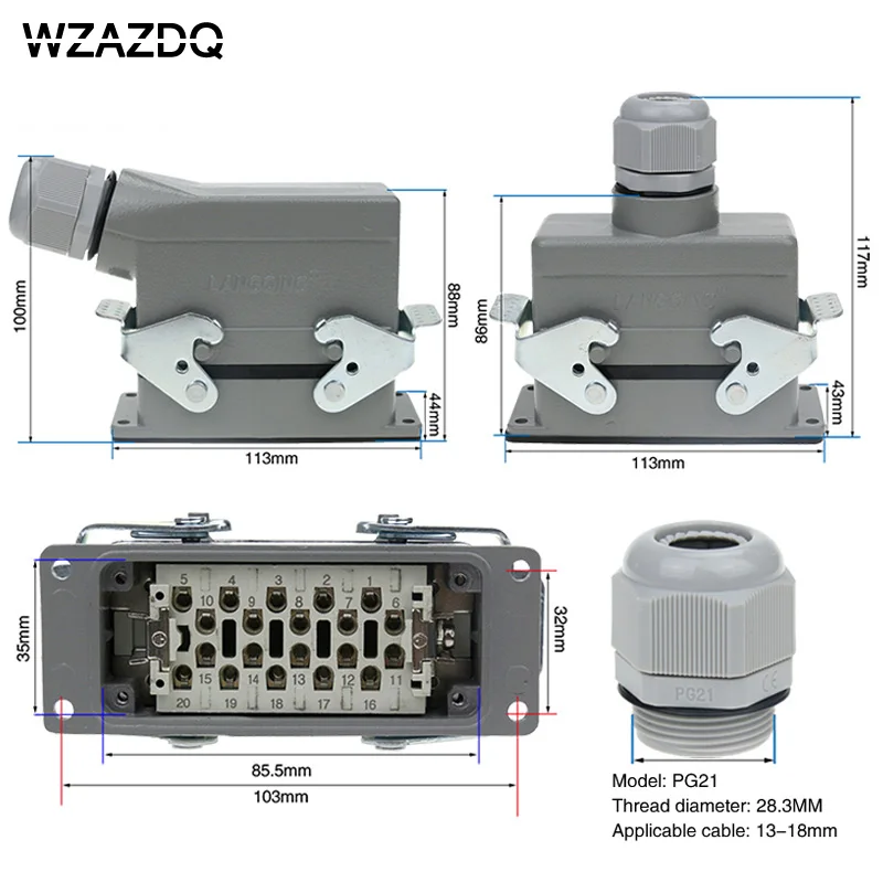 

20-core rectangular heavy duty connector hdc-he-020 waterproof aviation socket 16A