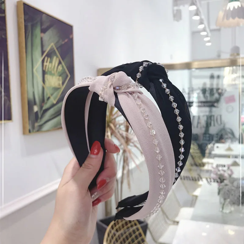 

Korean Square Crystal Chain Hairbands Womens Hair Accessories Fashion Knotted Headband Solid Color Hair Hoop for Girls Headdress