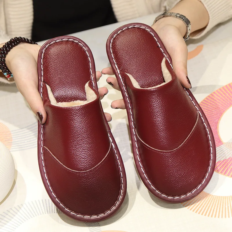 Wine Red ZOOLIM/мужские тапочки; зимние теплые домашние тапочки из натуральной кожи; нескользящие теплые женские комнатные тапочки; коллекция года; домашняя обувь - Цвет: Wine Red
