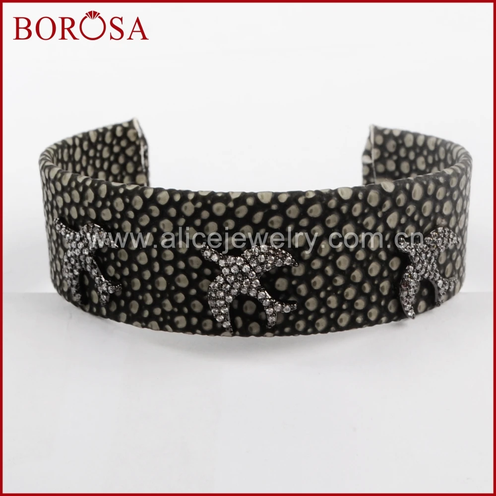 Модный браслет BOROSA 3 шт. ручной работы из рыбной кожи с фианитом и птицами