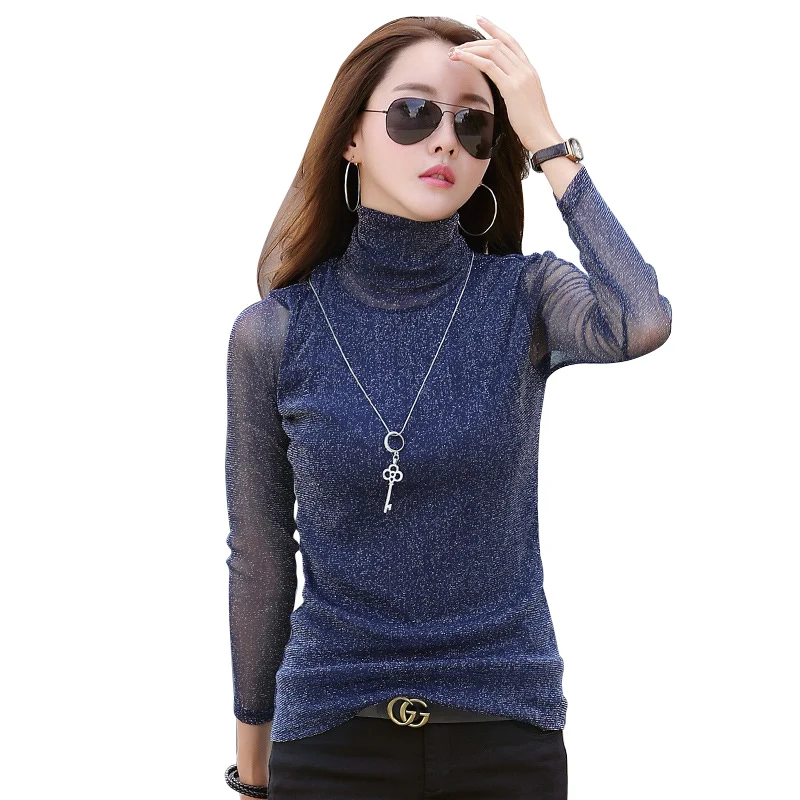 Navy blue Женская футболка с длинными рукавами женская новая однотонная яркая шелковая рубашка тонкая Большие размеры корейский стиль Женская Нижняя рубашка XXXL - Цвет: Navy blue