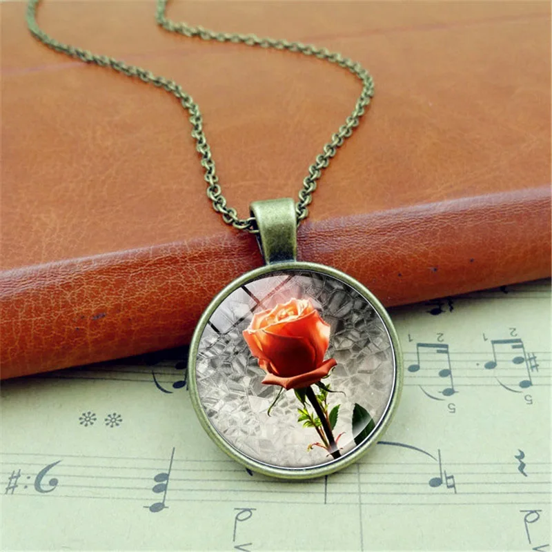 Beauty and The Beast Rose Photo Cabochon Glass Pendant Necklace Handmade DIY Jewelry Vintage Chain Women Gifts | Украшения и