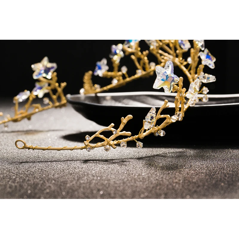 Ручная работа Золотой горный хрусталь звезда стеклянная бусина тиара цветочный