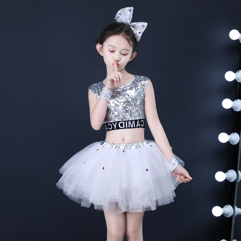 Sequin jazz dance costumes girls top salsa skirt modern dancing dress girl Kids competition costume dancewear |