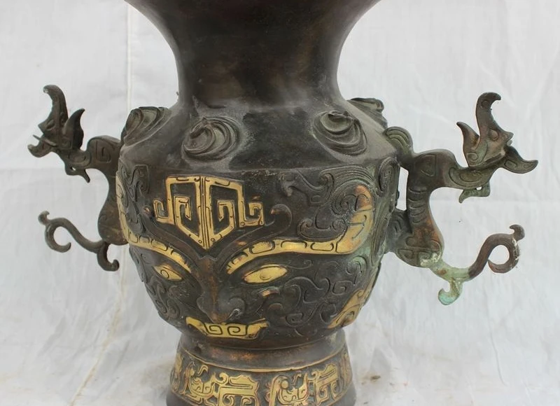 12 &quotкитайская Бронзовая медная позолота богатство Статуя Дракона зверя лев лицо