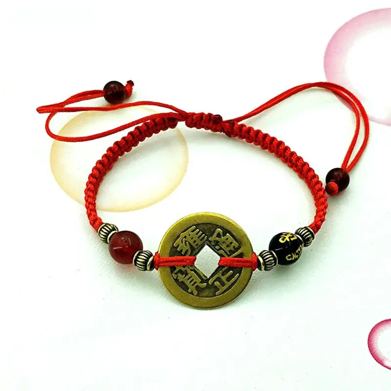 

Buddhism Six Words Ancient Coin Kabbalah Red String Bracelet Evil Eye Protection