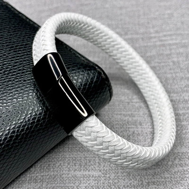 White Men Leather Bracelets Male Braided Wrist Band Fashion Stainless Steel Magnetic Clasp Charm Bangles Jewelry | Украшения и