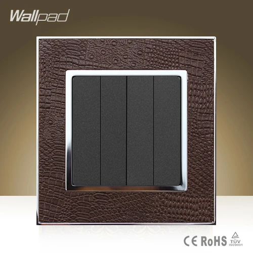 

New Arrival Wallpad Modula 4 Gang 2 Way Goats Brown Leather 110V-250V Double Control 4 Gang Push Button Switch Free Shipping