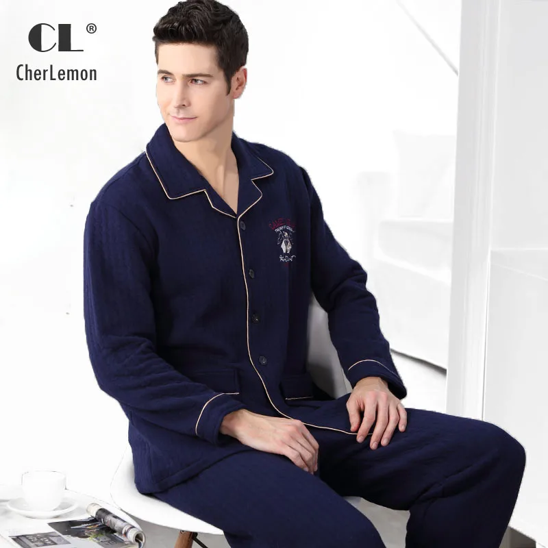 Осенний хлопковый теплый мужской пижамный комплект с длинным рукавом толстая