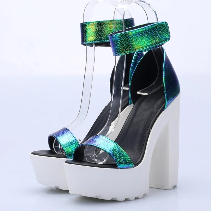 

2017 Summer Sandals SHINY GREEN Thick Heel Sandals Platform Heels Concise Woman Fashion fluorescent green Hook&Loop high heels