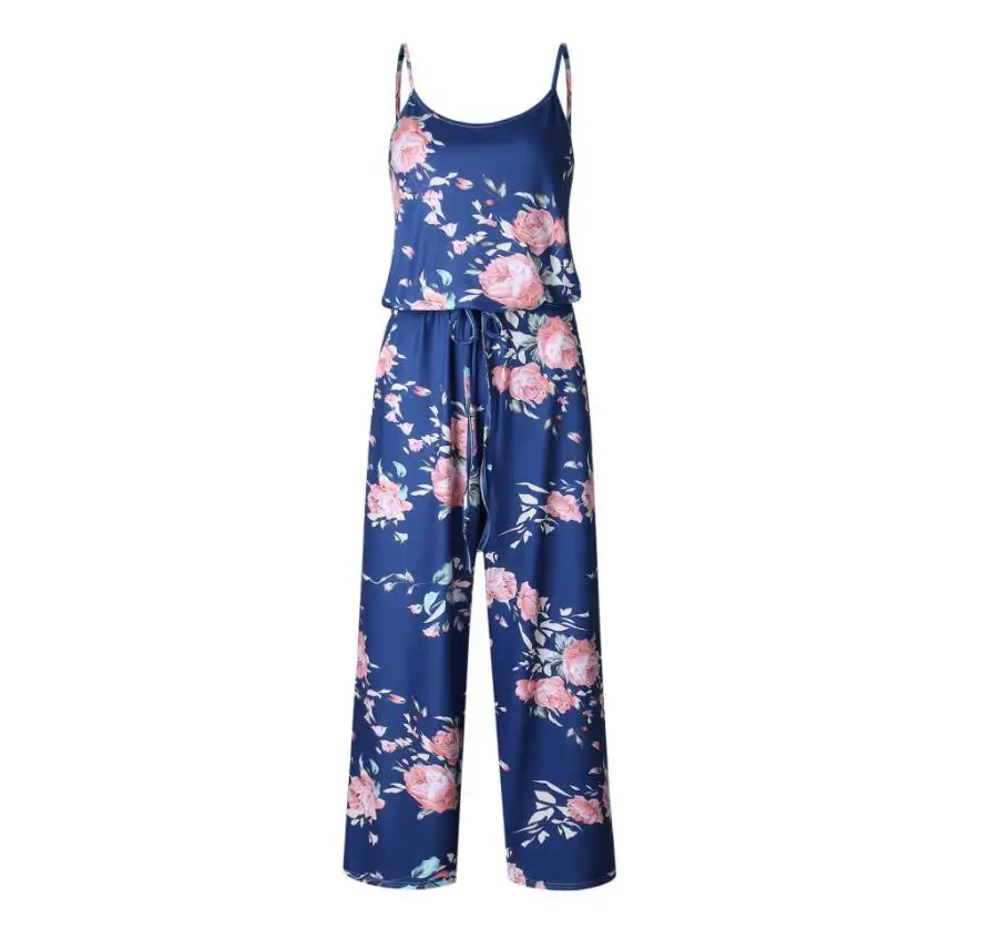 0444 BLUE S-3XL Плюс Размер Сарафан Повседневная Весна Лето Комбинезоны Сексуальная Рукавов Плотно Талия Цветочный Печати Свободные Брюки Женские Комбинезоны Красный - Цвет: 0444 BLUE