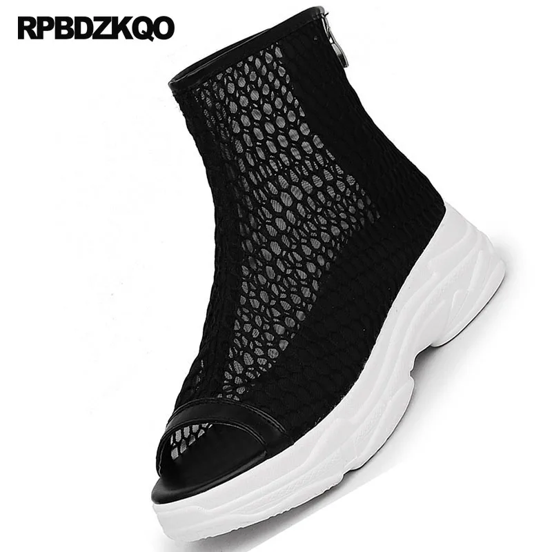 летние Белые сапоги на платформе меш Голова рыбы женщины обувь вырезать Flatform