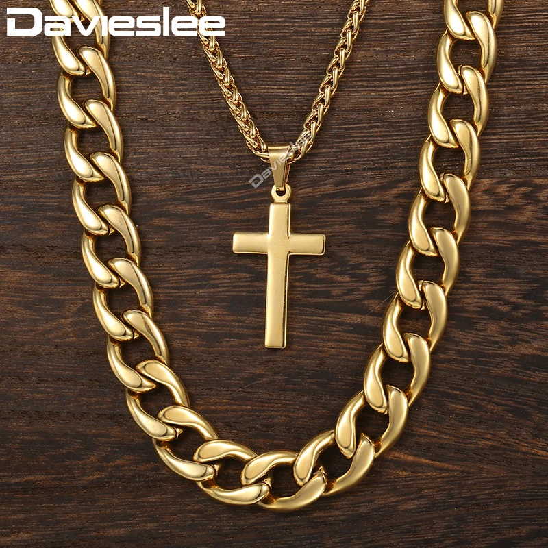 Davieslee Necklace For Men Gold Stainless Steel Cuban Wheat Link Chain Cross Pendant Hip Hop Jewelry 13mm 24inch DDN08 | Украшения и