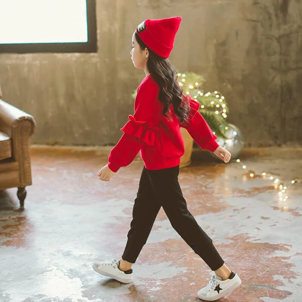Модная одежда для девочек 2019 детская 8 10 12 лет подростков красная рубашка + черные