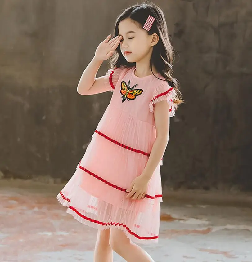New Retail 2019 Summer Children Girls Butterfly Embroidery Pleats Cake Dresses Kids Fashion Boutique Pink Dress Free Shipping | Детская