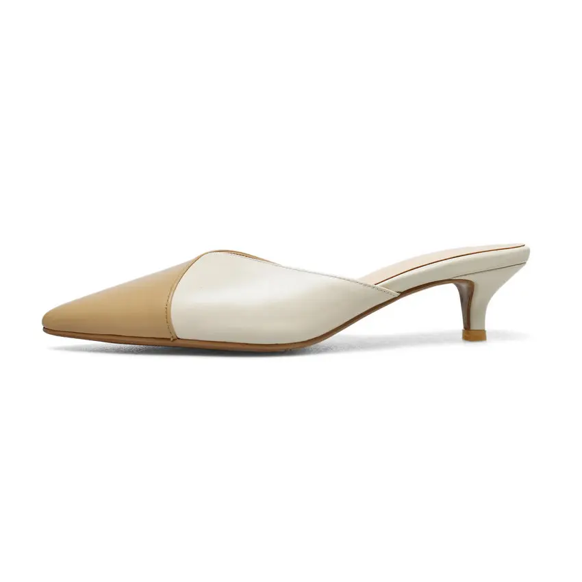 Beige-Khaki QUTAA/; женские босоножки на тонком среднем каблуке; Разноцветные модные элегантные туфли из коровьей кожи с острым носком и ремешком на пятке; размеры 34-40 - Цвет: Beige-Khaki