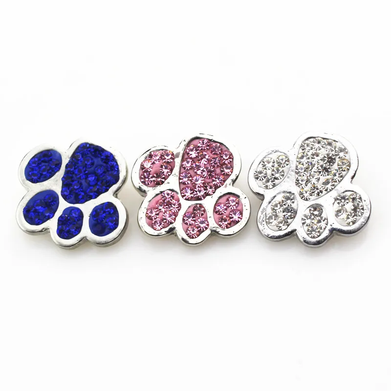 

New Arrive 15pcs/lot Mix 3 Color Crystal Dog Paw Snap Buttons Charms Ginger Fit 18mm Snap Jewelry