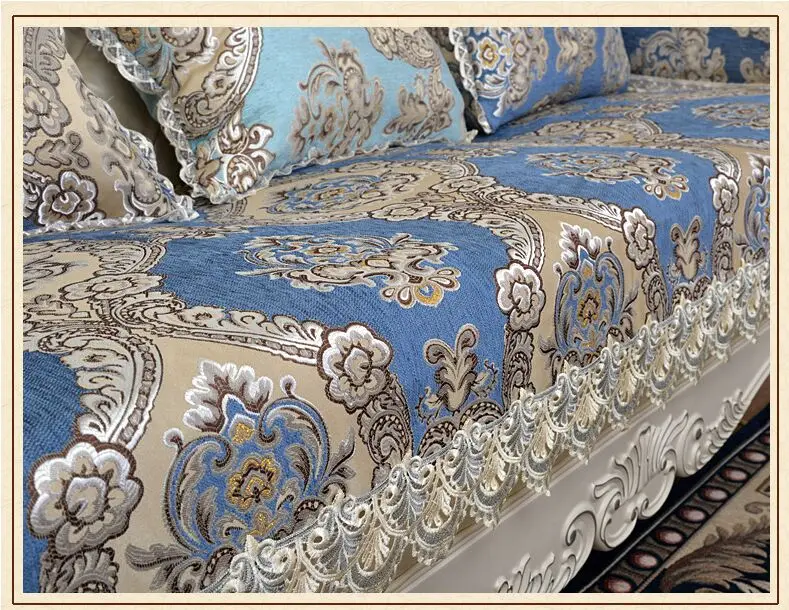 Sapphire Blue Европейская классическая роскошная Нескользящая тканевая подушка для дивана с цветочным узором, наволочка для дивана, шенилловое кружевное полотенце для дивана - Цвет: Sapphire Blue