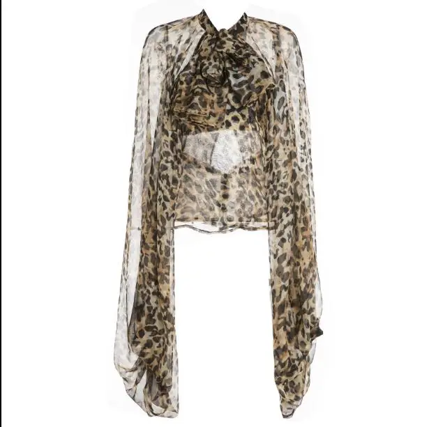 2017 Осенняя мода с бантом на шее большой рукав фонарик леопардовая шифоновая