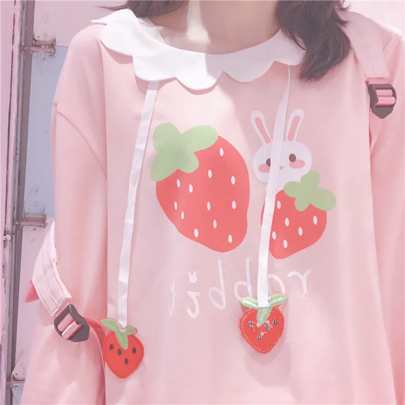 Клубничный узор свободные розовые Кофты для Kawaii Девушка с длинным рукавом