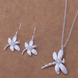 Hot Sell Lucky Dragonfly S925 Sterling Silver Color For Women Jewelry Sets Birthday Earring 154 + Necklace 112 AS137 Bhxajzea