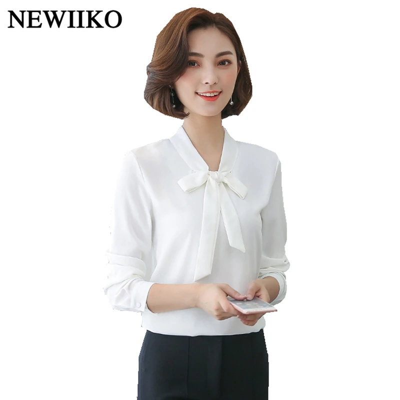 Spring Autumn women Basic style casual Full-sleeve shirts solid Bow V-neck large size loose blouse office lady chiffon tops