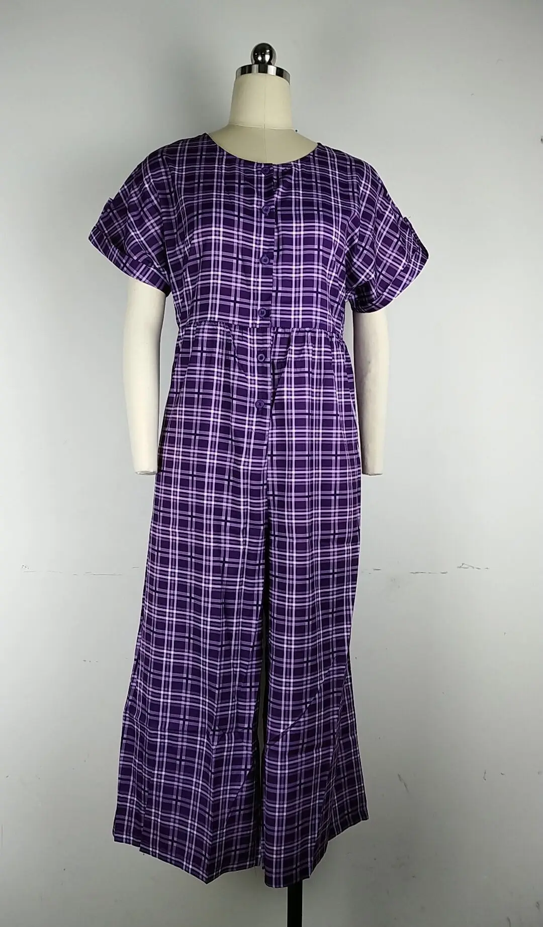 3XL Women Button Wide Leg Jumpsuit Summer V Neck Short Sleeve Linen Rompers Plaid Print Loose Overalls Playsuit | Женская одежда