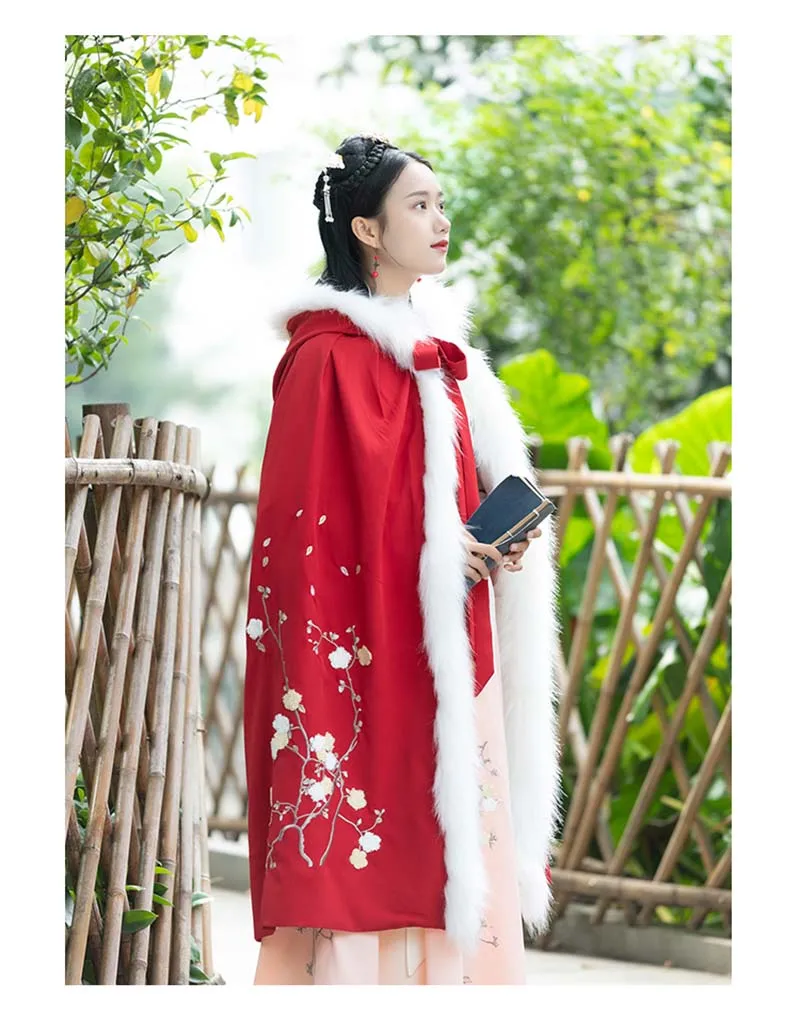 Женский старинный китайский меховой воротник Hanfu красная бархатная накидка