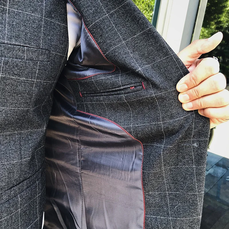 

Jacket + Pant + Vest British Style Men's Three-piece Business Casual Suit Sets Groom Dress Plaid Suit Male