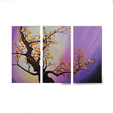

3 Panels Hand Painted Modern Abstract Yellow Blossom Purple Flower Oil Painting on Canvas Wall Art Canvas Painting Living Room
