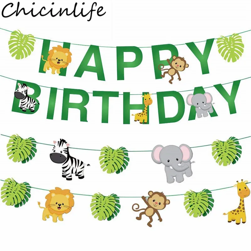 

Chicinlife 1Set Cartoon Safari Jungle Animal Banner Happy Birthday Party Garland Baby Shower Kids Jungle Party Bunting Supplies