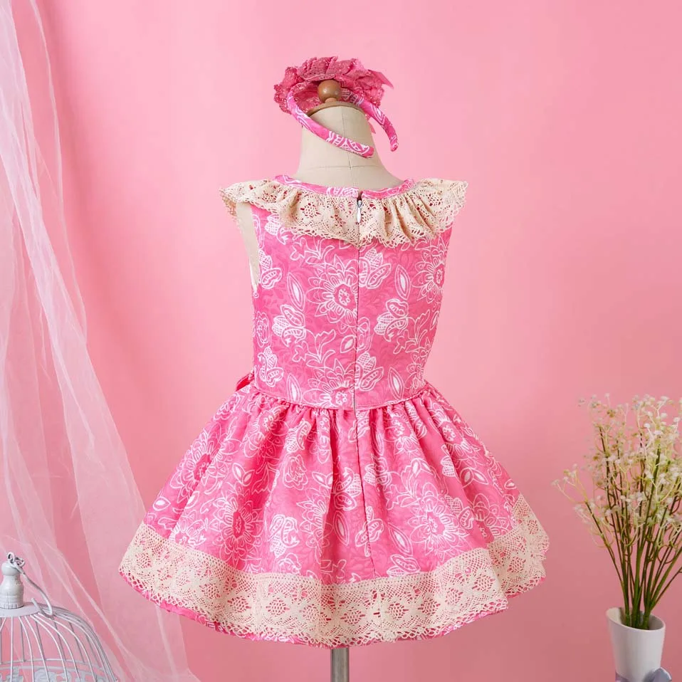Pettigirl/розовый цветок платье принцессы для девочек Королевский Стиль Кружева