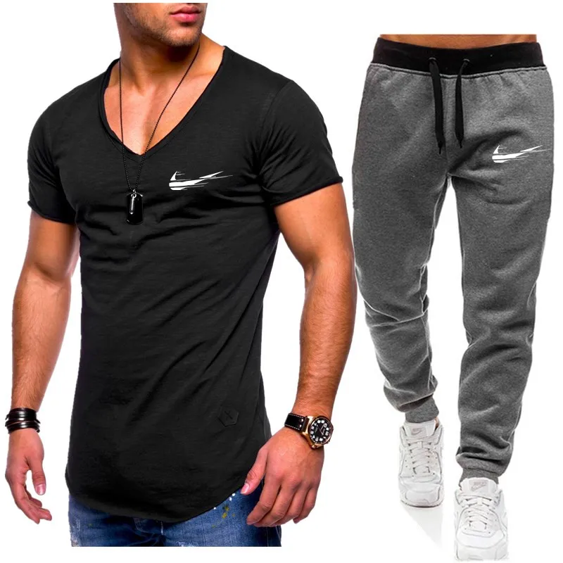 Homens de Moda Duas pechas Define t+ calchas Terno Homens Verao топы, футболки Marca de Moda impresssano Camiseta de Alta Qualidade spor