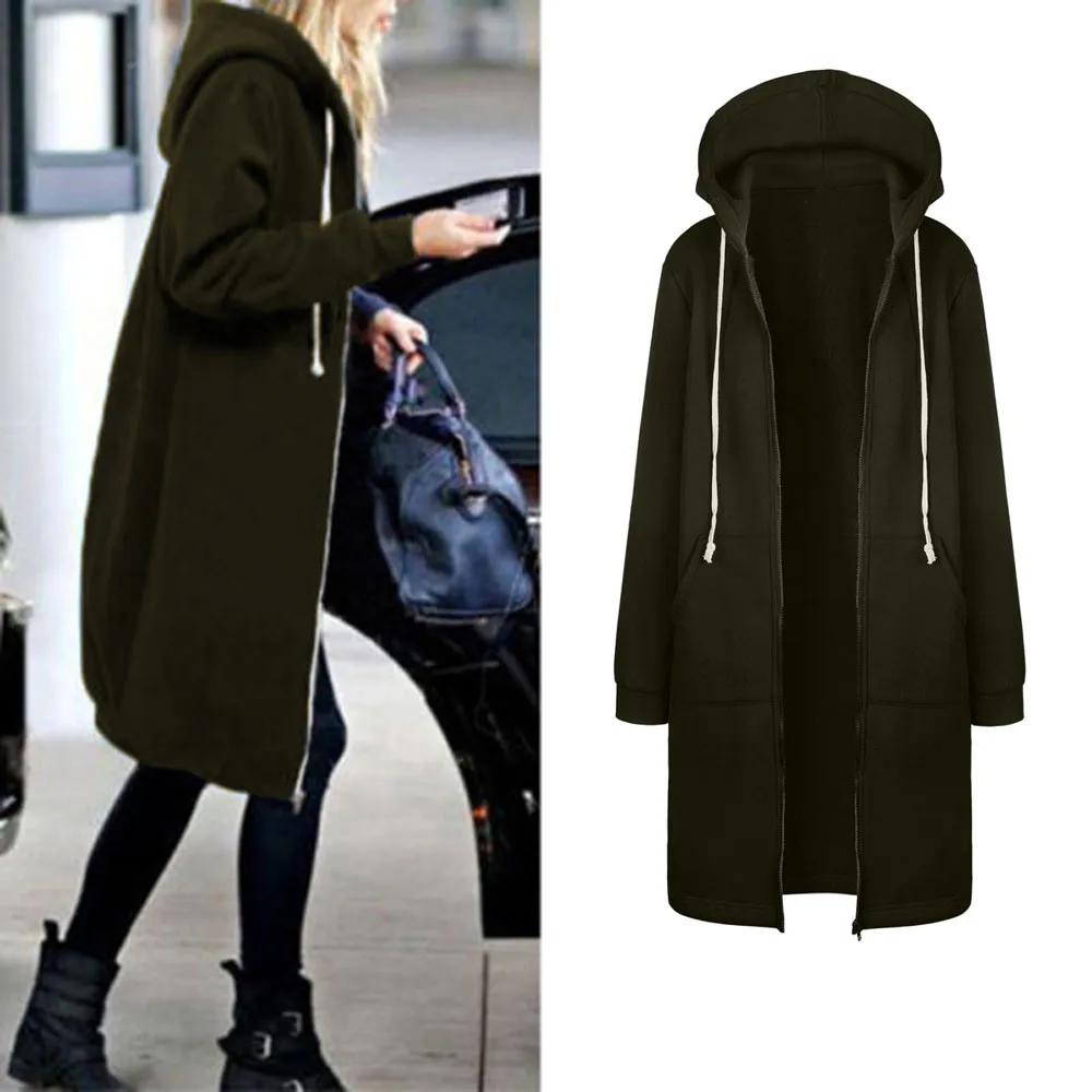 Куртка женская теплая на молнии с капюшоном длинная большого размера | Женская