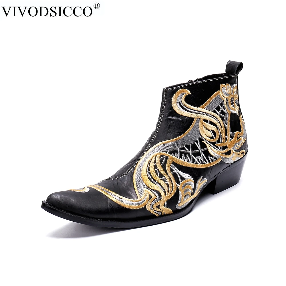 

VIVODSICCO Fashion Luxury Men Boots Genuine Leather Ankle Boots for Men Italian Business Dress Shoes Slip-On Cowboy Boot