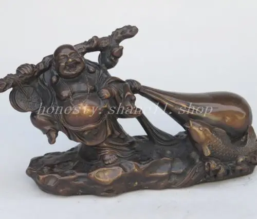 

Elaborate Chinese Folk Culture Handmade Copper Statue - Maitreya Buddha Drag Wealth Bag