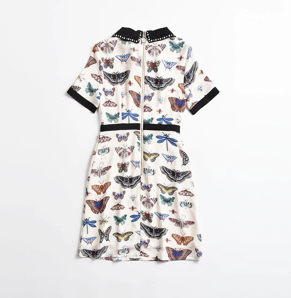 2018 Summer Black/ White Runway Dress Print Beads Bow Short Sleeves Turn down Collar Women's dress Vestidos De Festa 4223 | Женская