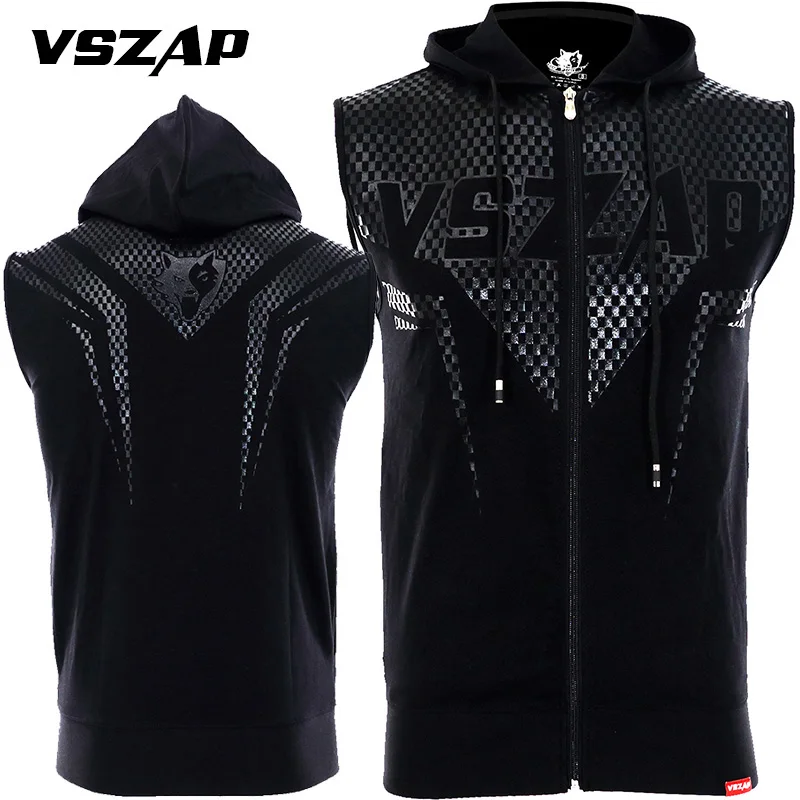 VSZAP summer zipper jacket sports fitness hooded tank top men cotton fighting tank top MMA slim Brand cardigan Sweatshirt homme