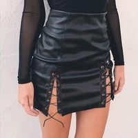 sexy club bandage lace up short black skirts women summer pu leather bandage bodycon mini skirt elegant ladies party club skirts