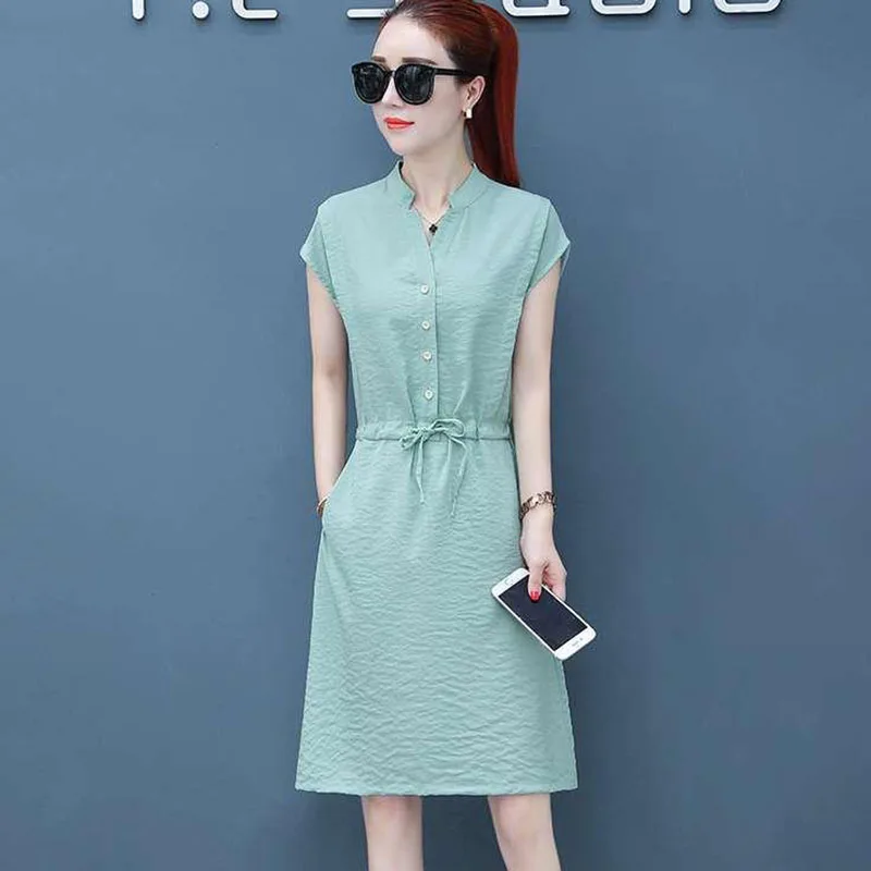 

Spring Summer Style Women Casual A-Line Dresses Lady Short Sleeve V-Neck Knee-Length Dress Vestidos DF1947