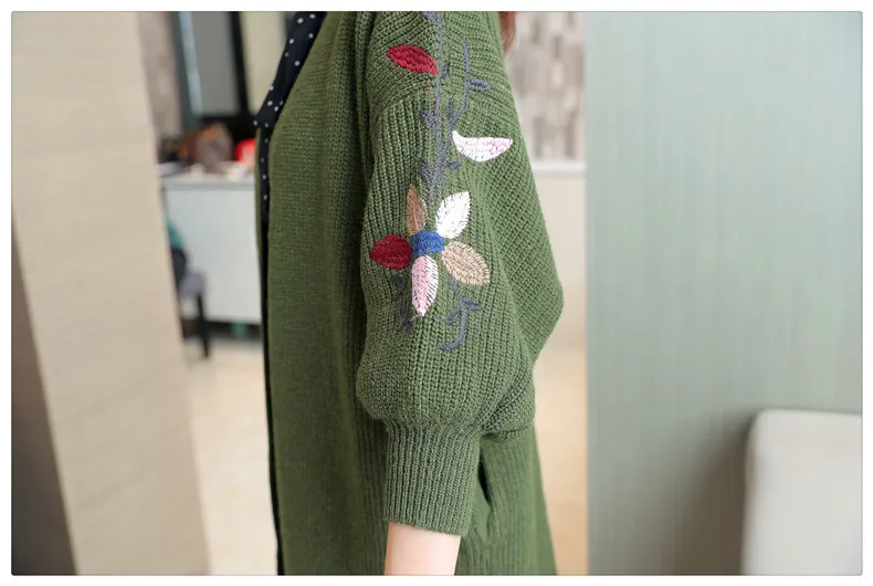 Winter autumn casual tops V-NECK collar lantern sleeve floral embroidery knit sweater warm women sweaters long cardigans |
